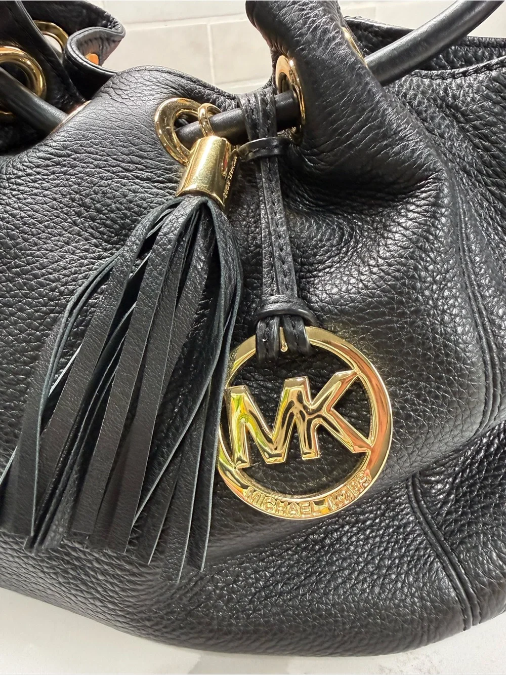 Michael Kors Black Pebbled Leather Ring Astor Tote Hobo Bag with Gold Hardware